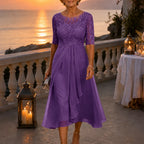 Cocktail Dress Women Midi Lace Embroidered Chiffon Elbow Sleeve