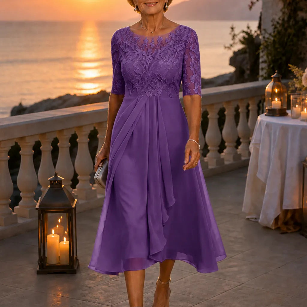 Cocktail Dress Women Midi Lace Embroidered Chiffon Elbow Sleeve