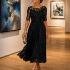 Cocktail Dress Women Midi Lace Embroidered Chiffon Elbow Sleeve