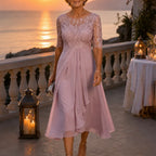 Cocktail Dress Women Midi Lace Embroidered Chiffon Elbow Sleeve