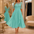 Cocktail Dress Women Midi Lace Embroidered Chiffon Elbow Sleeve