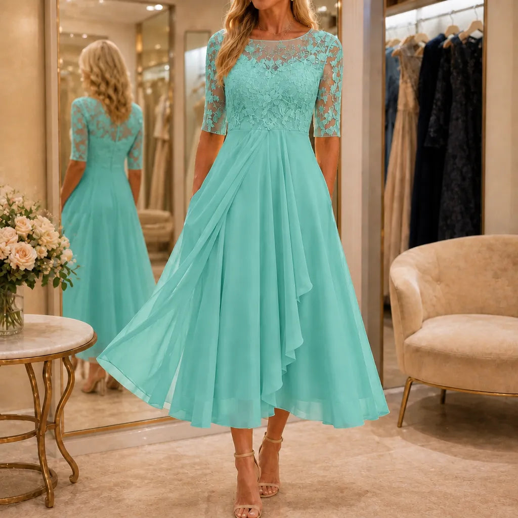 Cocktail Dress Women Midi Lace Embroidered Chiffon Elbow Sleeve