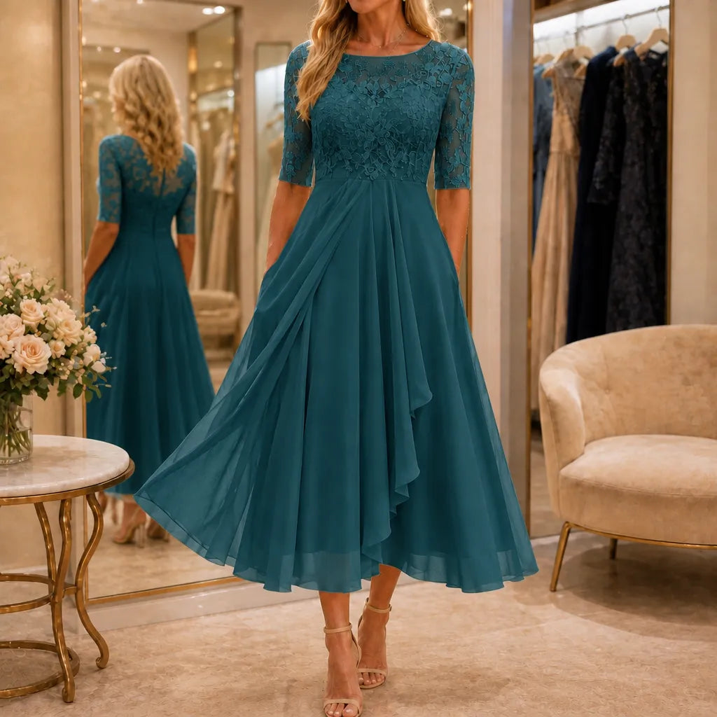 Cocktail Dress Women Midi Lace Embroidered Chiffon Elbow Sleeve