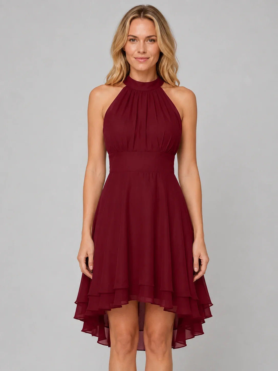 Cocktail Dress Women Halter Neck Mini Chiffon Layered Ruffle