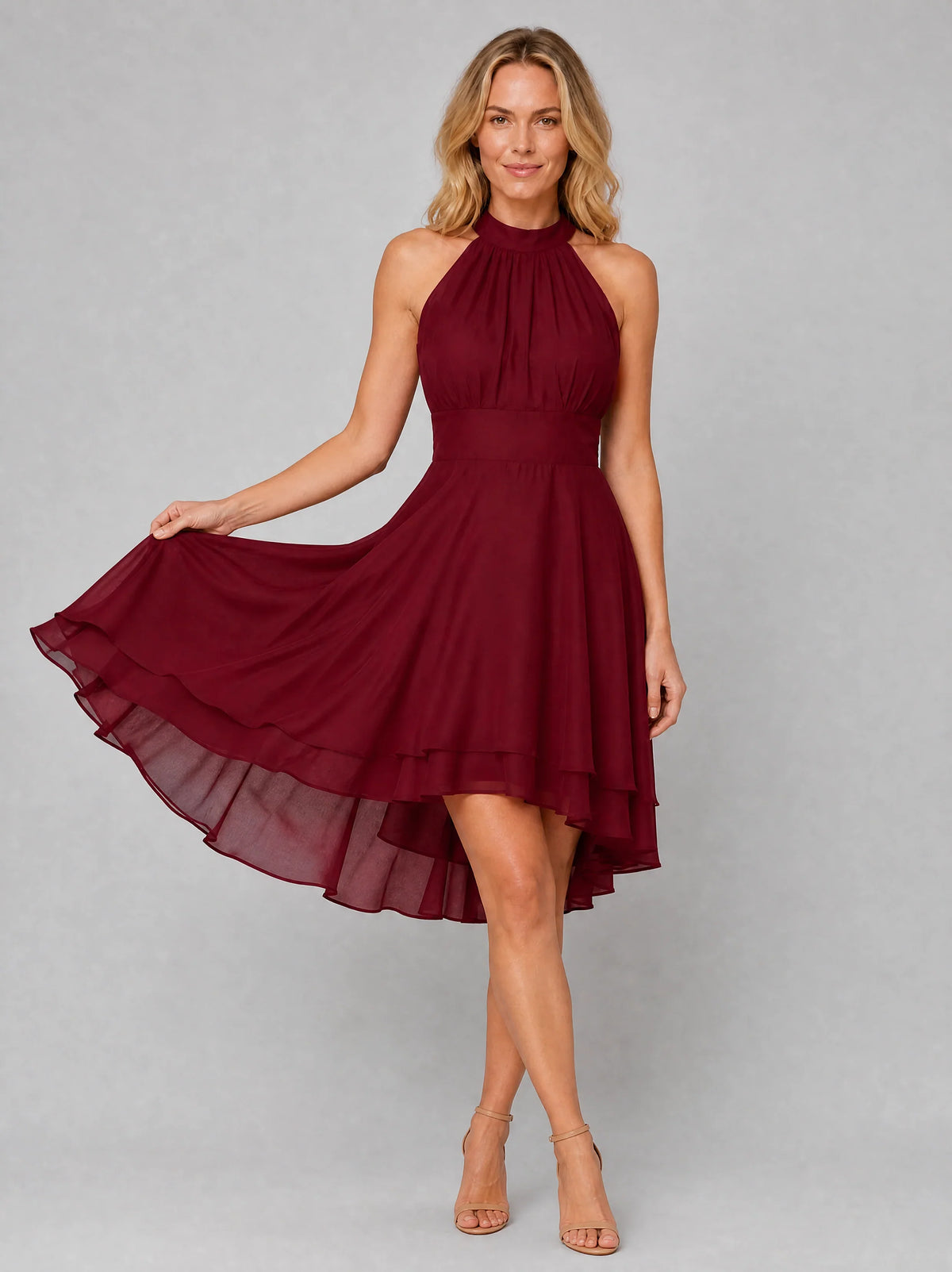 Cocktail Dress Women Halter Neck Mini Chiffon Layered Ruffle