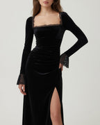 Velvet Dress Women Lace Midi Long Sleeve Black Velour Autumn Winter