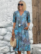 Hazel | Women's Midi Dress | Printed V-Neck A-Line | Pockets