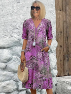Hazel | Women's Midi Dress | Printed V-Neck A-Line | Pockets