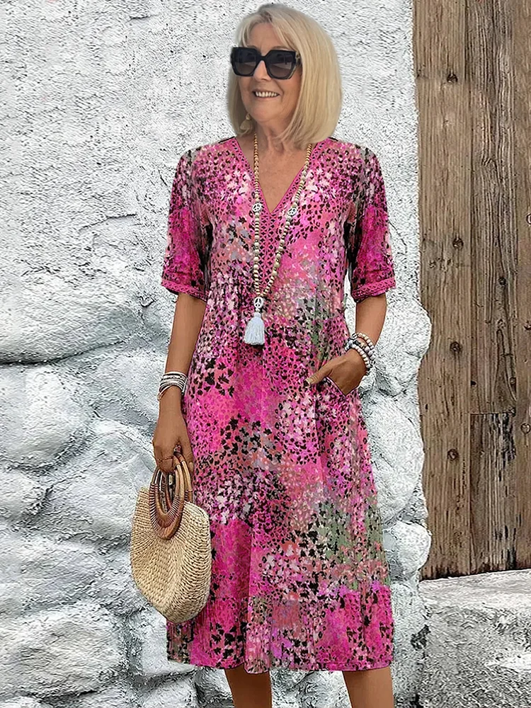 Hazel | Women's Midi Dress | Printed V-Neck A-Line | Pockets