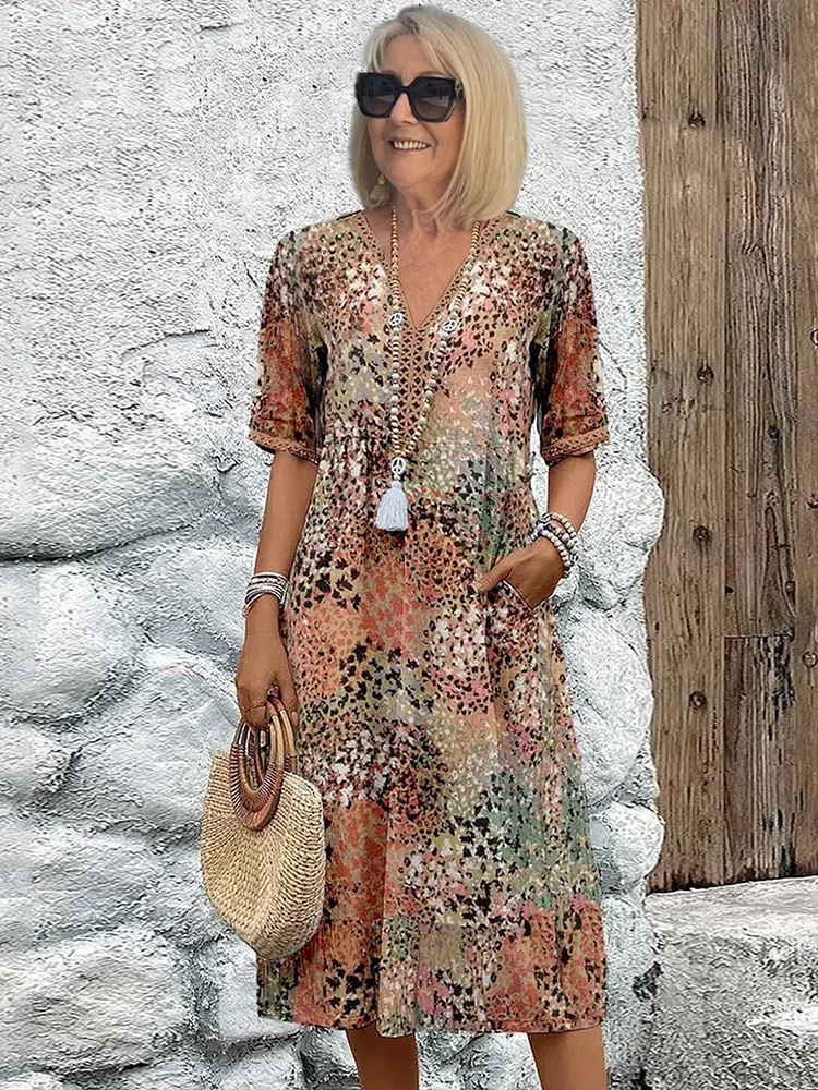 Hazel | Women's Midi Dress | Printed V-Neck A-Line | Pockets