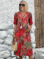 Hazel | Women's Midi Dress | Printed V-Neck A-Line | Pockets