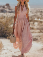 Women Halterneck Maxi Dress Cotton Linen Pleated Boho | Mila
