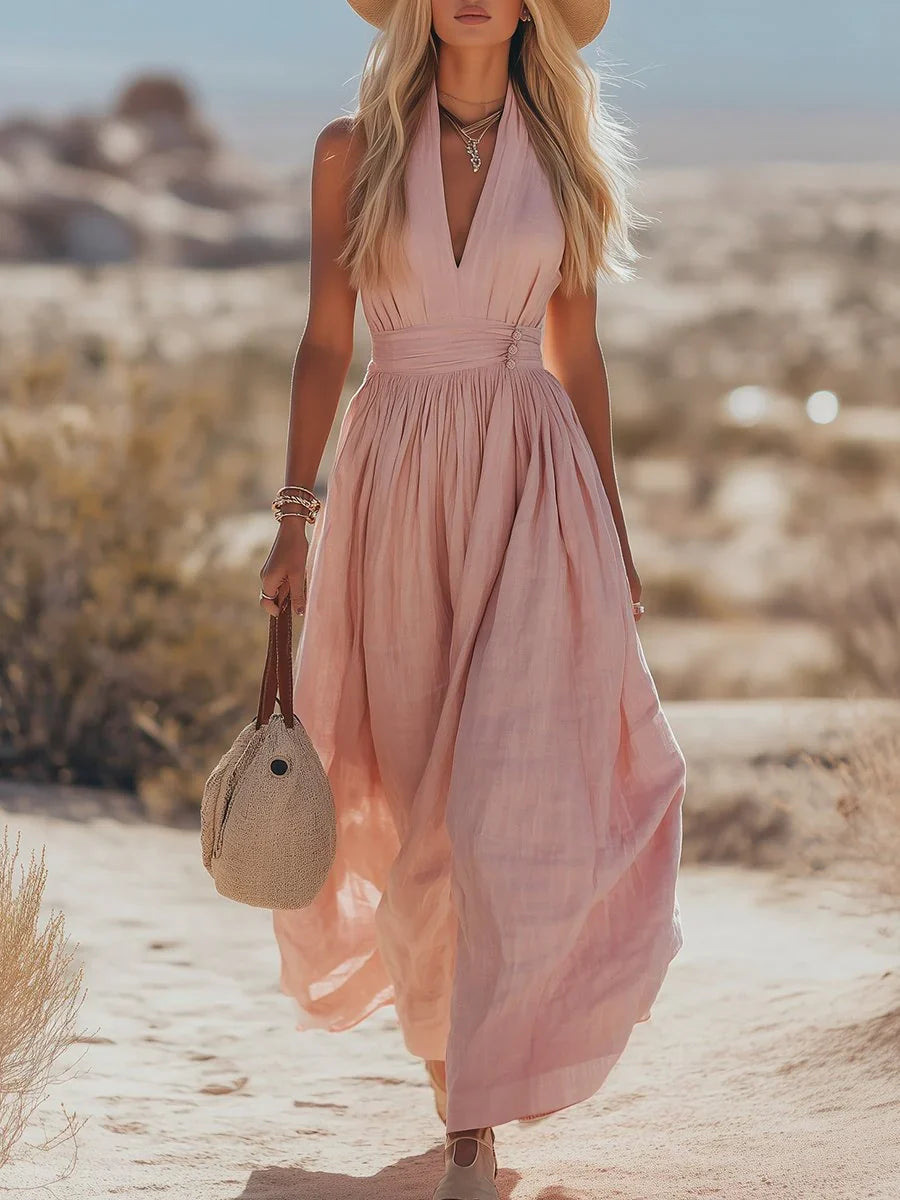 Women Halterneck Maxi Dress Cotton Linen Pleated Boho | Mila