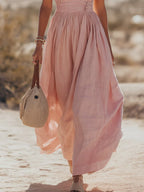 Women Halterneck Maxi Dress Cotton Linen Pleated Boho | Mila