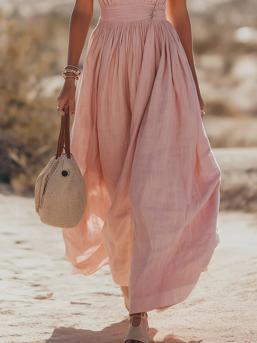 Women Halterneck Maxi Dress Cotton Linen Pleated Boho | Mila
