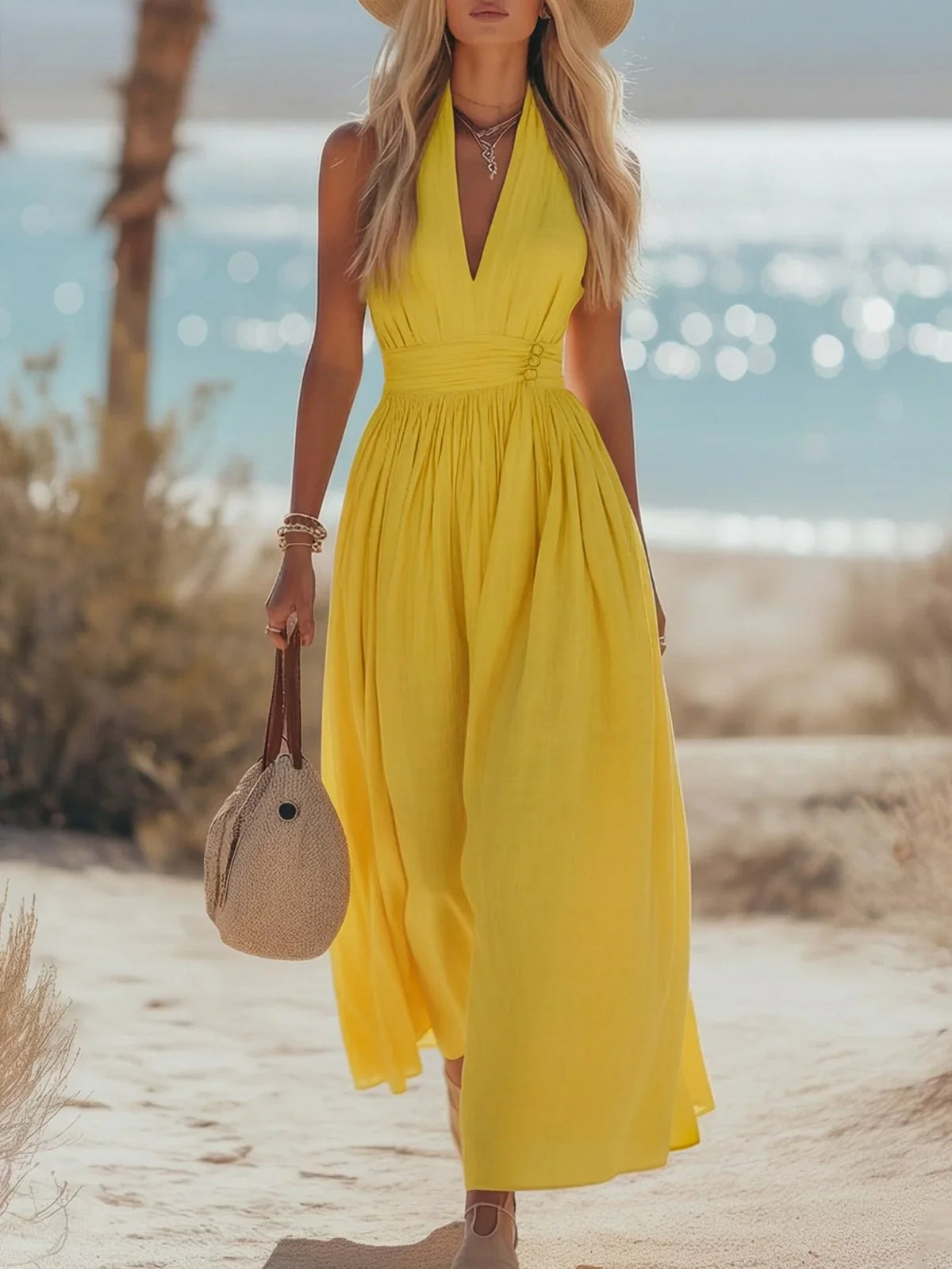 Women Halterneck Maxi Dress Cotton Linen Pleated Boho | Mila