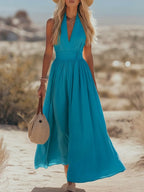 Women Halterneck Maxi Dress Cotton Linen Pleated Boho | Mila