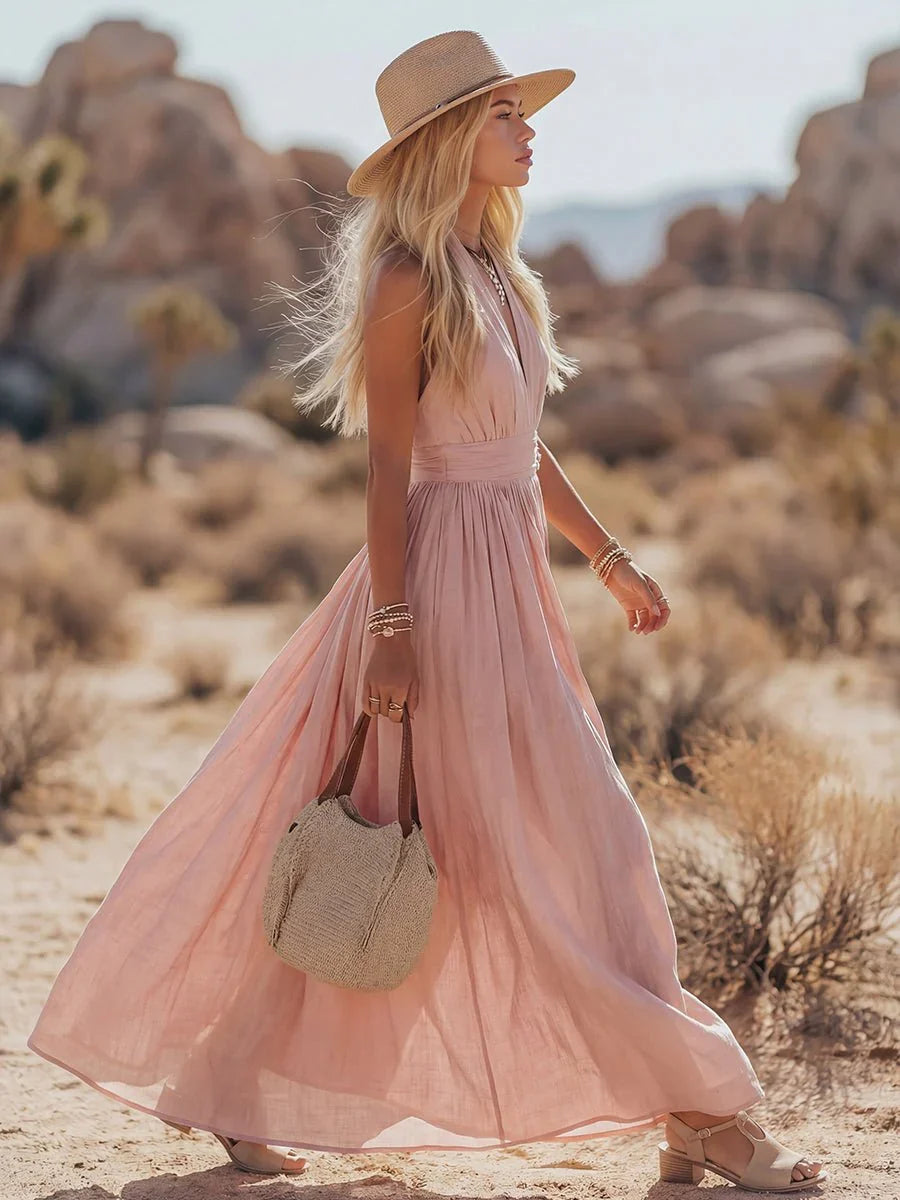 Women Halterneck Maxi Dress Cotton Linen Pleated Boho | Mila