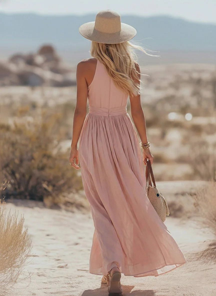 Women Halterneck Maxi Dress Cotton Linen Pleated Boho | Mila