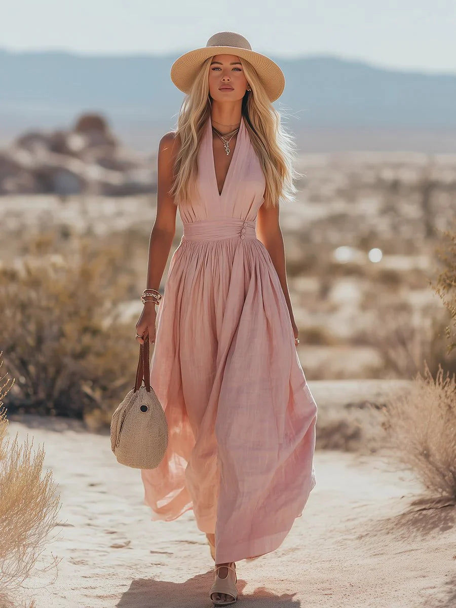 Women Halterneck Maxi Dress Cotton Linen Pleated Boho | Mila