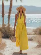 Women Halterneck Maxi Dress Cotton Linen Pleated Boho | Mila