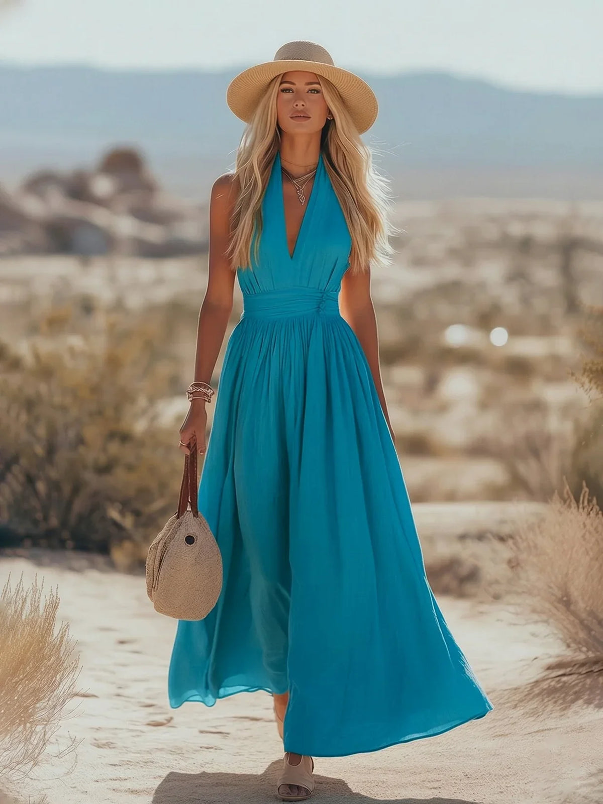 Women Halterneck Maxi Dress Cotton Linen Pleated Boho | Mila