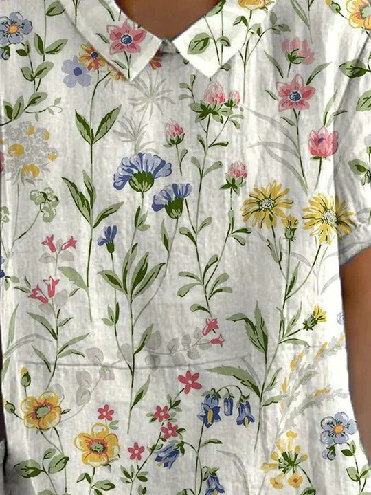 Linen Shirt Men Women Cotton Blend Retro Floral Print Button Up Top