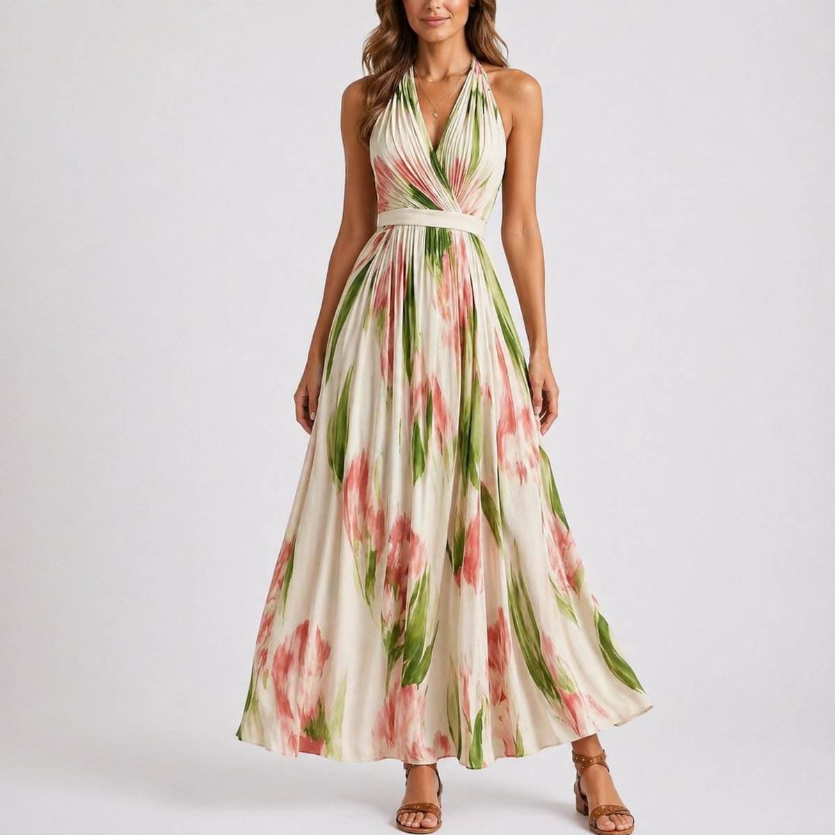 Wedding Guest Dress Floral Halter Neck Maxi Watercolour Print | Talia
