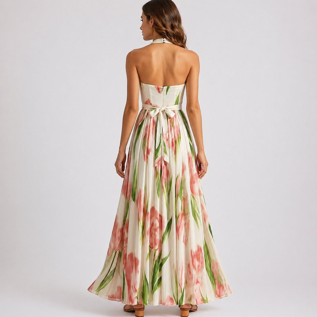 Wedding Guest Dress Floral Halter Neck Maxi Watercolour Print | Talia