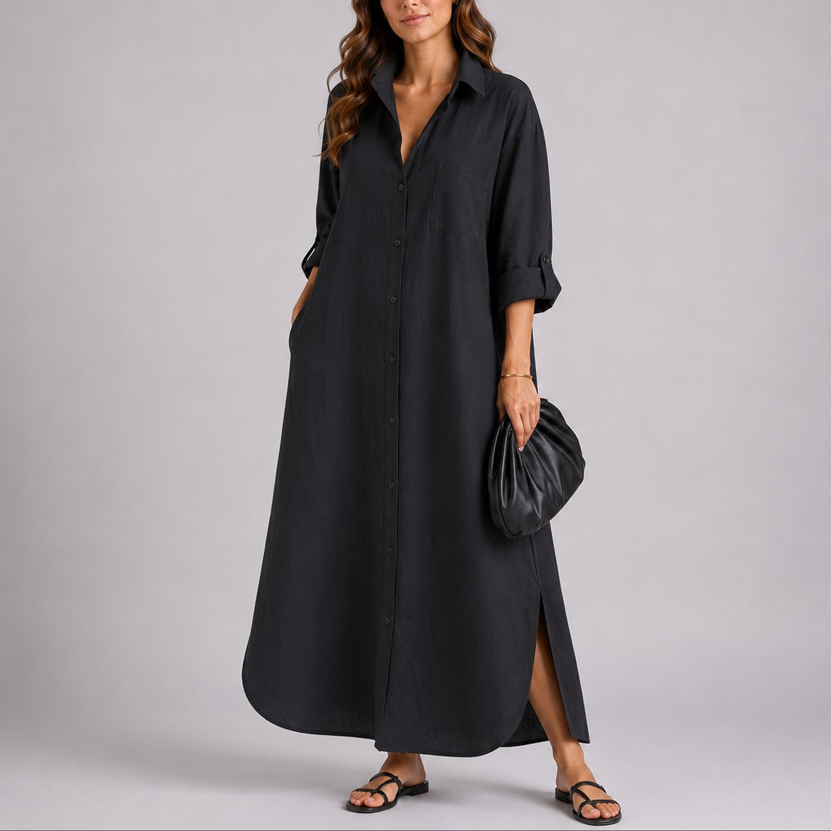 Wedding Guest Dresses Women Linen Maxi Button Front Oversized | Sage
