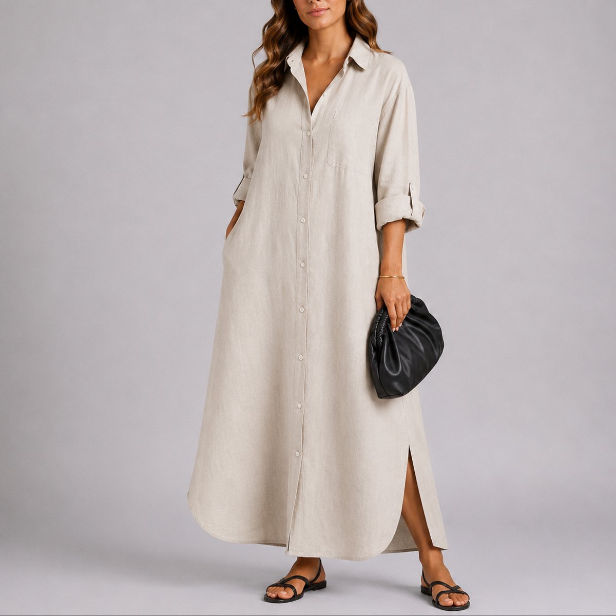 Wedding Guest Dresses Women Linen Maxi Button Front Oversized | Sage