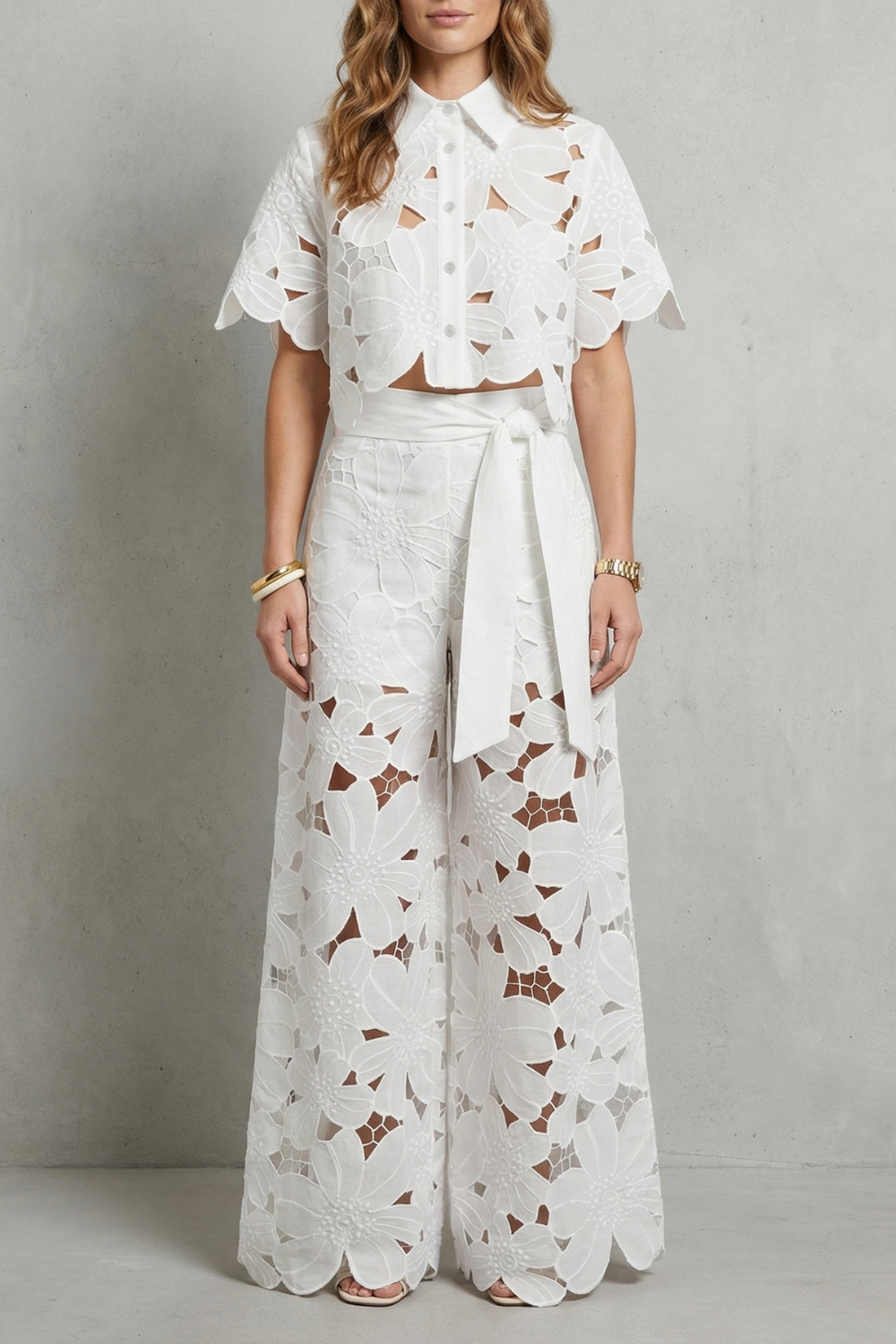 Crop Top Pants Set Women 2 Piece Floral Lace Cutwork Wide Leg | Linnea