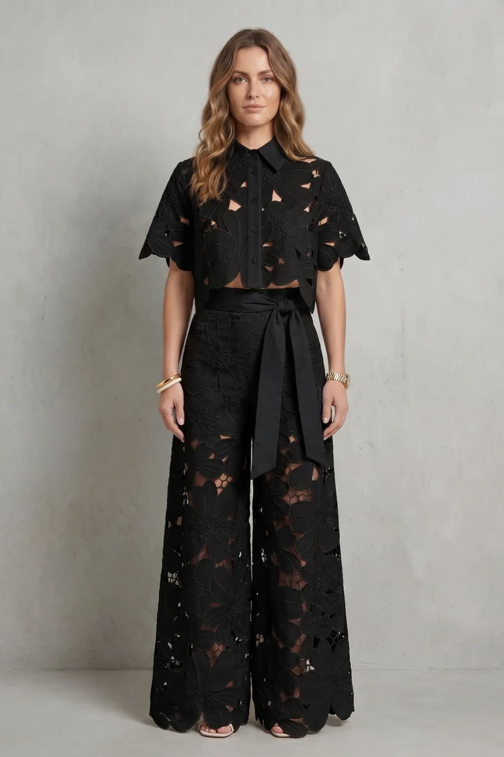 Crop Top Pants Set Women 2 Piece Floral Lace Cutwork Wide Leg | Linnea