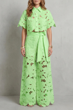 Crop Top Pants Set Women 2 Piece Floral Lace Cutwork Wide Leg | Linnea