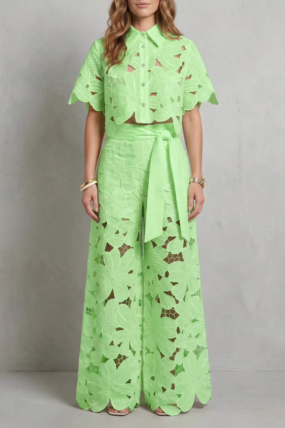 Crop Top Pants Set Women 2 Piece Floral Lace Cutwork Wide Leg | Linnea