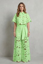 Crop Top Pants Set Women 2 Piece Floral Lace Cutwork Wide Leg | Linnea