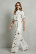Crop Top Pants Set Women 2 Piece Floral Lace Cutwork Wide Leg | Linnea