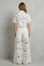 Crop Top Pants Set Women 2 Piece Floral Lace Cutwork Wide Leg | Linnea