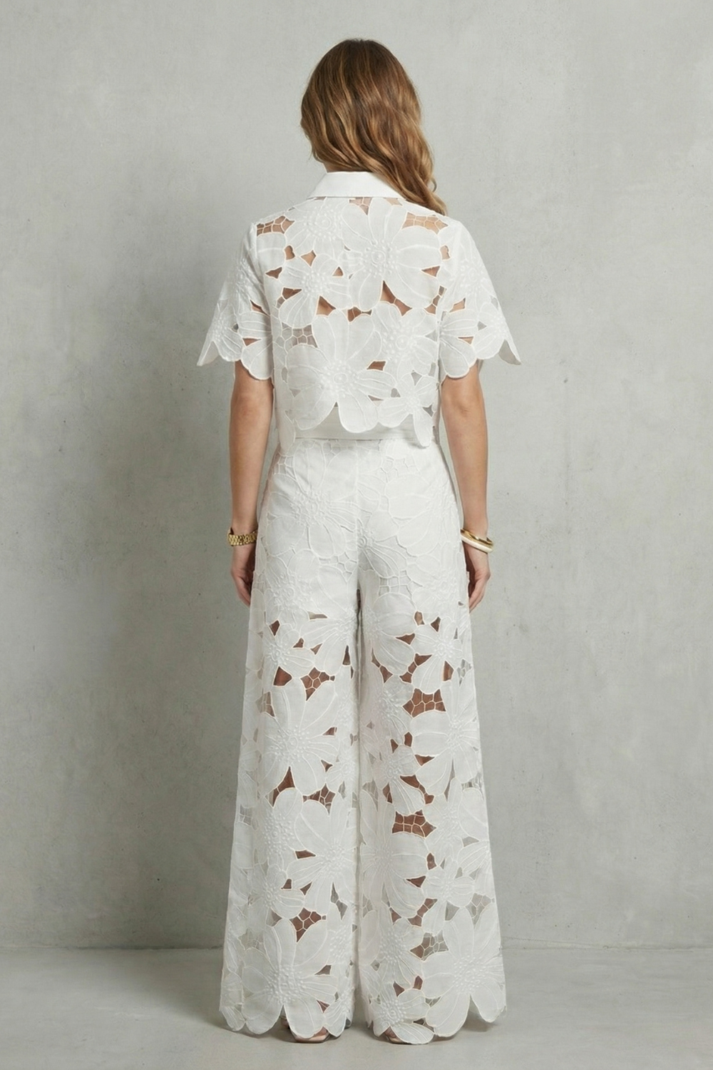 Crop Top Pants Set Women 2 Piece Floral Lace Cutwork Wide Leg | Linnea