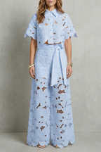 Crop Top Pants Set Women 2 Piece Floral Lace Cutwork Wide Leg | Linnea
