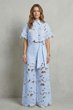 Crop Top Pants Set Women 2 Piece Floral Lace Cutwork Wide Leg | Linnea