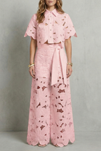 Crop Top Pants Set Women 2 Piece Floral Lace Cutwork Wide Leg | Linnea