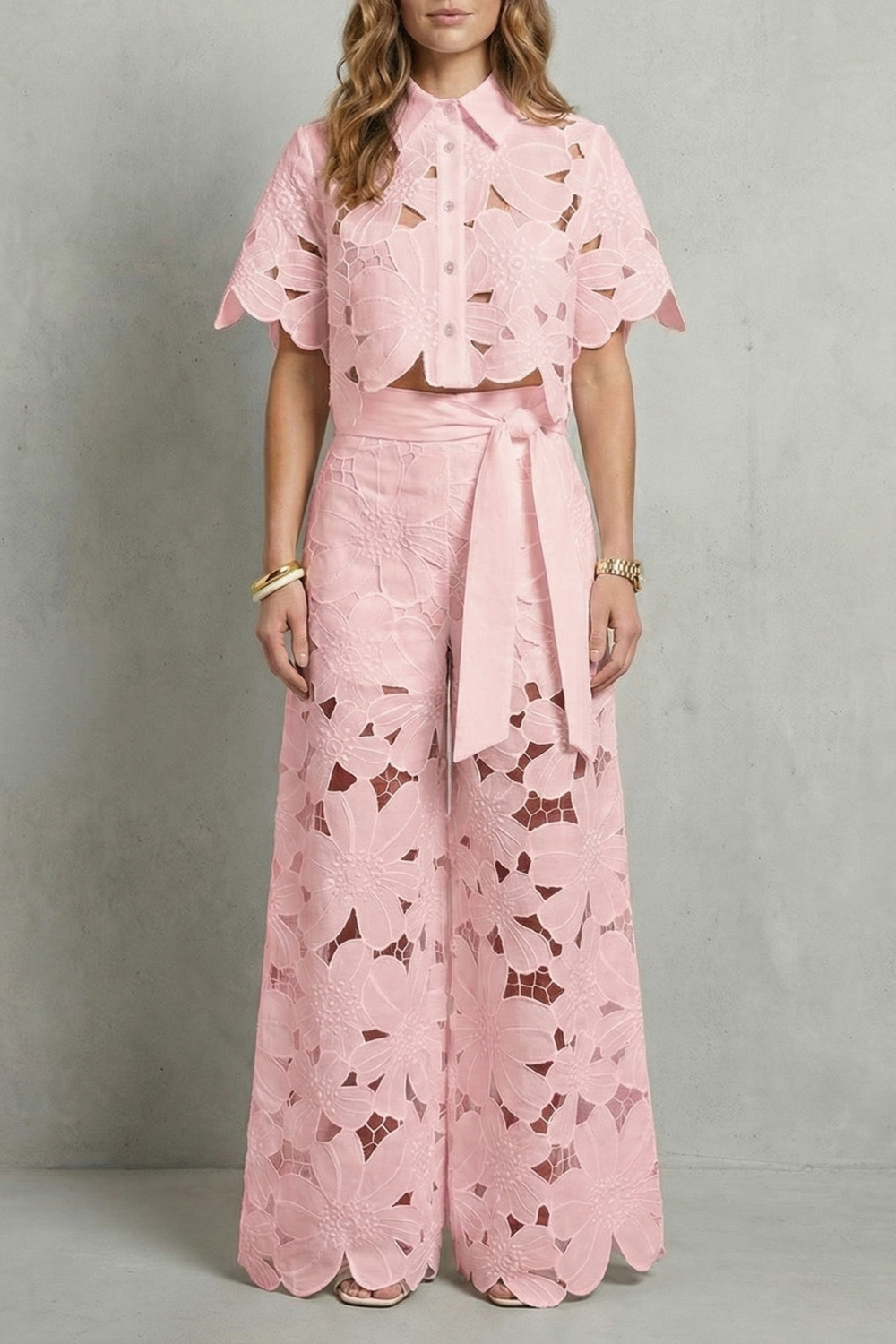 Crop Top Pants Set Women 2 Piece Floral Lace Cutwork Wide Leg | Linnea