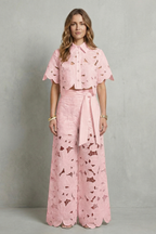 Crop Top Pants Set Women 2 Piece Floral Lace Cutwork Wide Leg | Linnea
