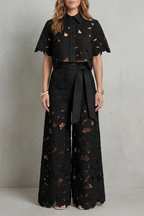 Crop Top Pants Set Women 2 Piece Floral Lace Cutwork Wide Leg | Linnea