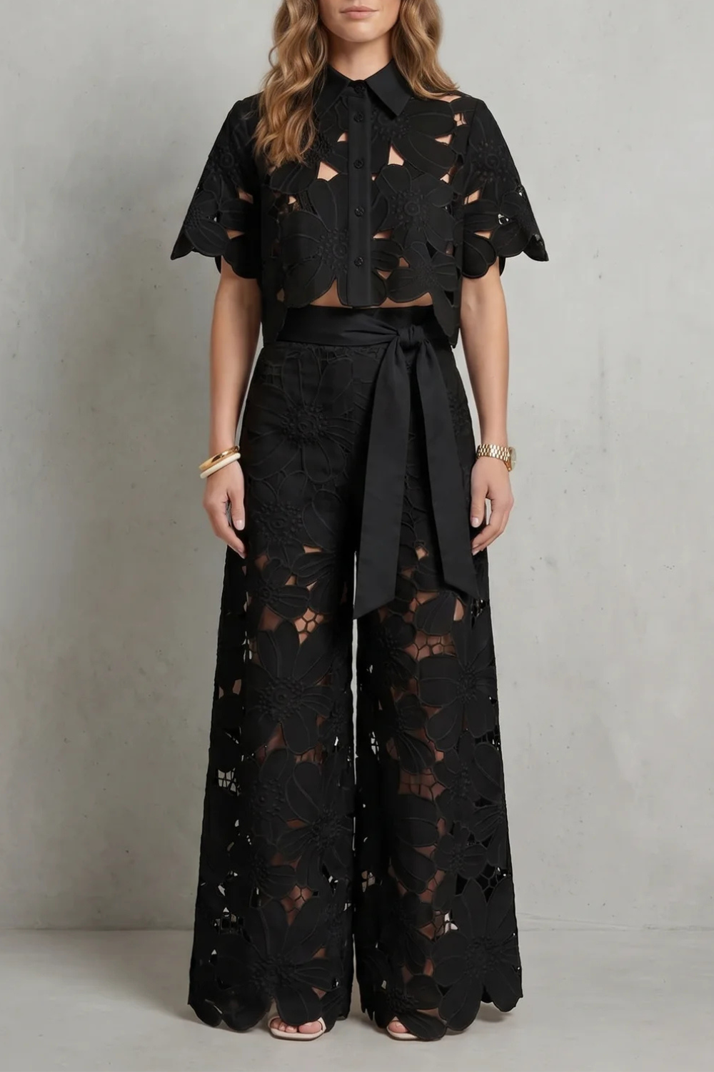 Crop Top Pants Set Women 2 Piece Floral Lace Cutwork Wide Leg | Linnea