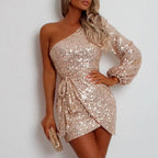 Christmas Party Dress Women Sequin One Shoulder Mini Cocktail