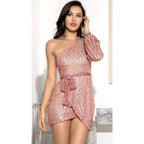 Christmas Party Dress Women Sequin One Shoulder Mini Cocktail