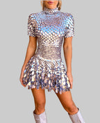 Sequin Dress Women Silver Disc Flared Short Sleeve Mini Length