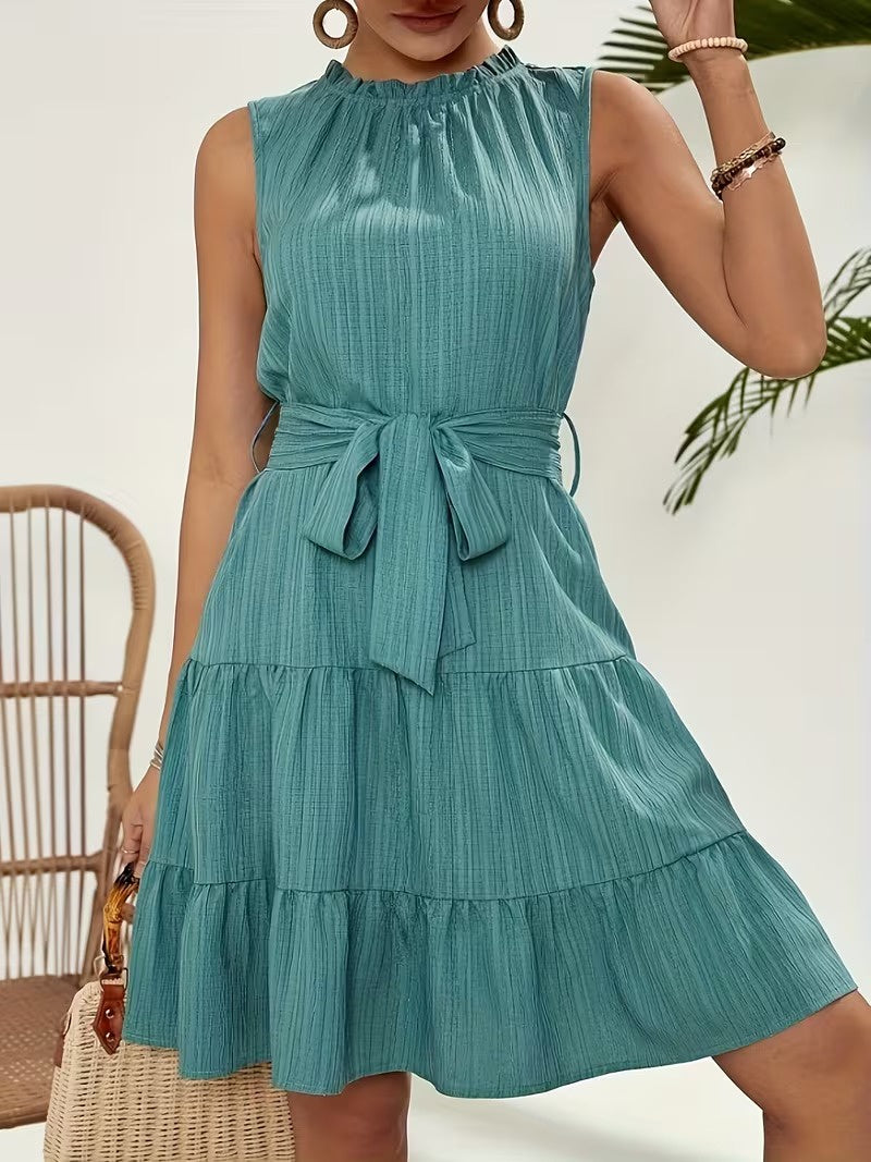 Mini Dress Women Sleeveless Ruffled Neckline Tiered Skirt Sash